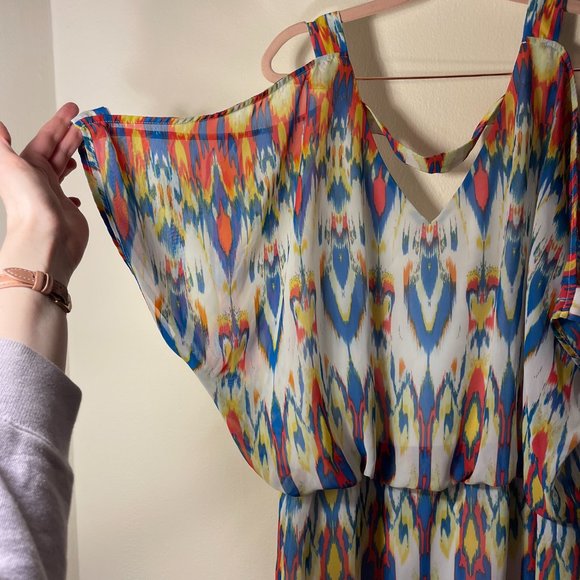 🔥 Bisou Bisou | White/Blue/Orange Abstract Chiffon Cold Shoulder Dress 16 - Picture 2 of 5